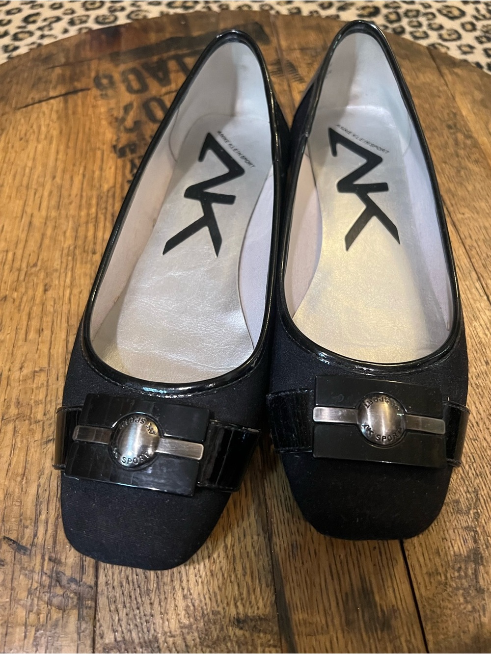 Anne Klein Black Square-Toe Ballet Flats with Decorative Metal Accent